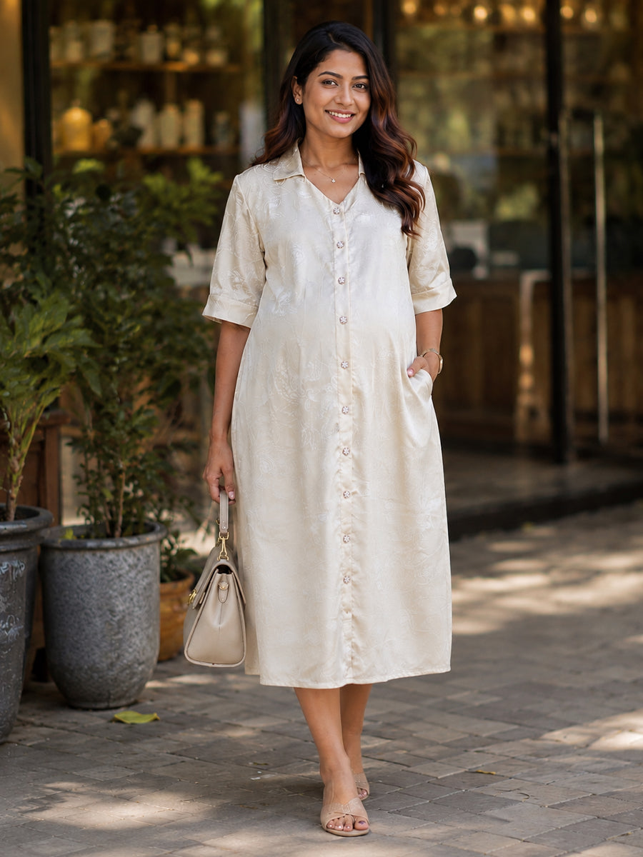 Ziva Maternity & Feeding Satin Shirt Dress with Full Open Front, Collar Neck & Pocket – Beige Printed