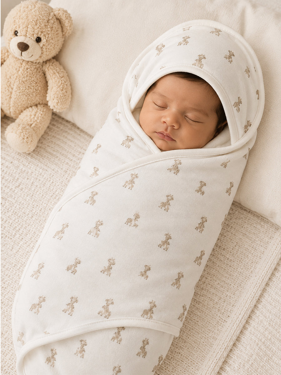 Ziva Baby Hooded Towel – Off White | Warm Taupe Beige Baby Giraffe Print | 100% Knitted Cotton