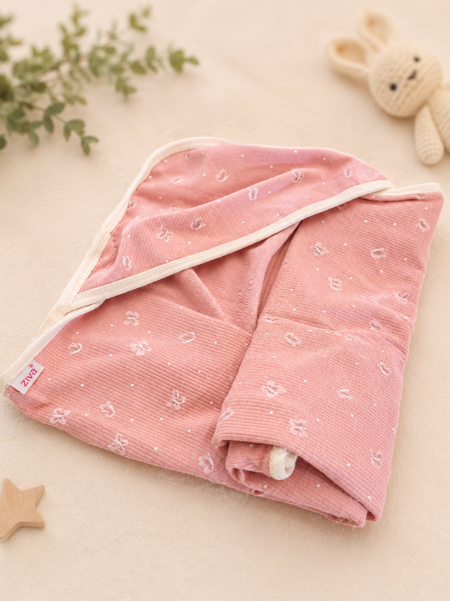 Ziva Baby Hooded Towel – Dusty Blush Pink | Tiny Butterfly Print | 100% Knitted Cotton