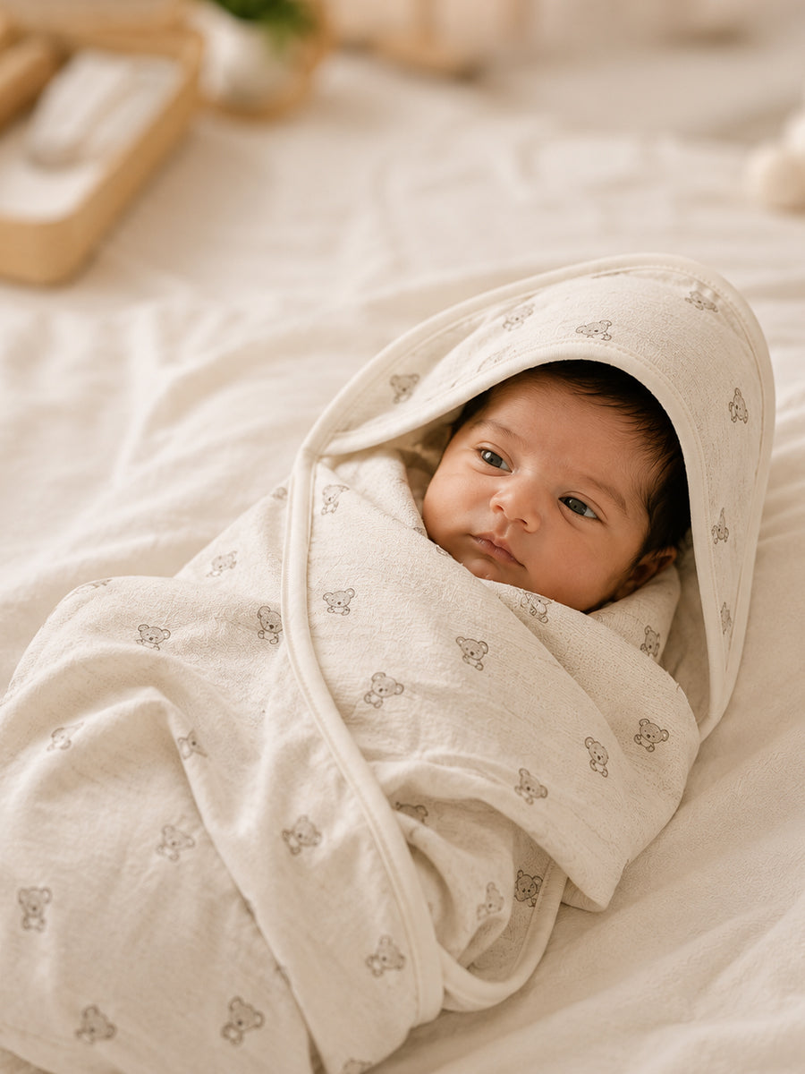 Ziva Baby Hooded Towel – Light Cream Greyish | Tiny Teddy Bear Print | Soft Knitted Cotton