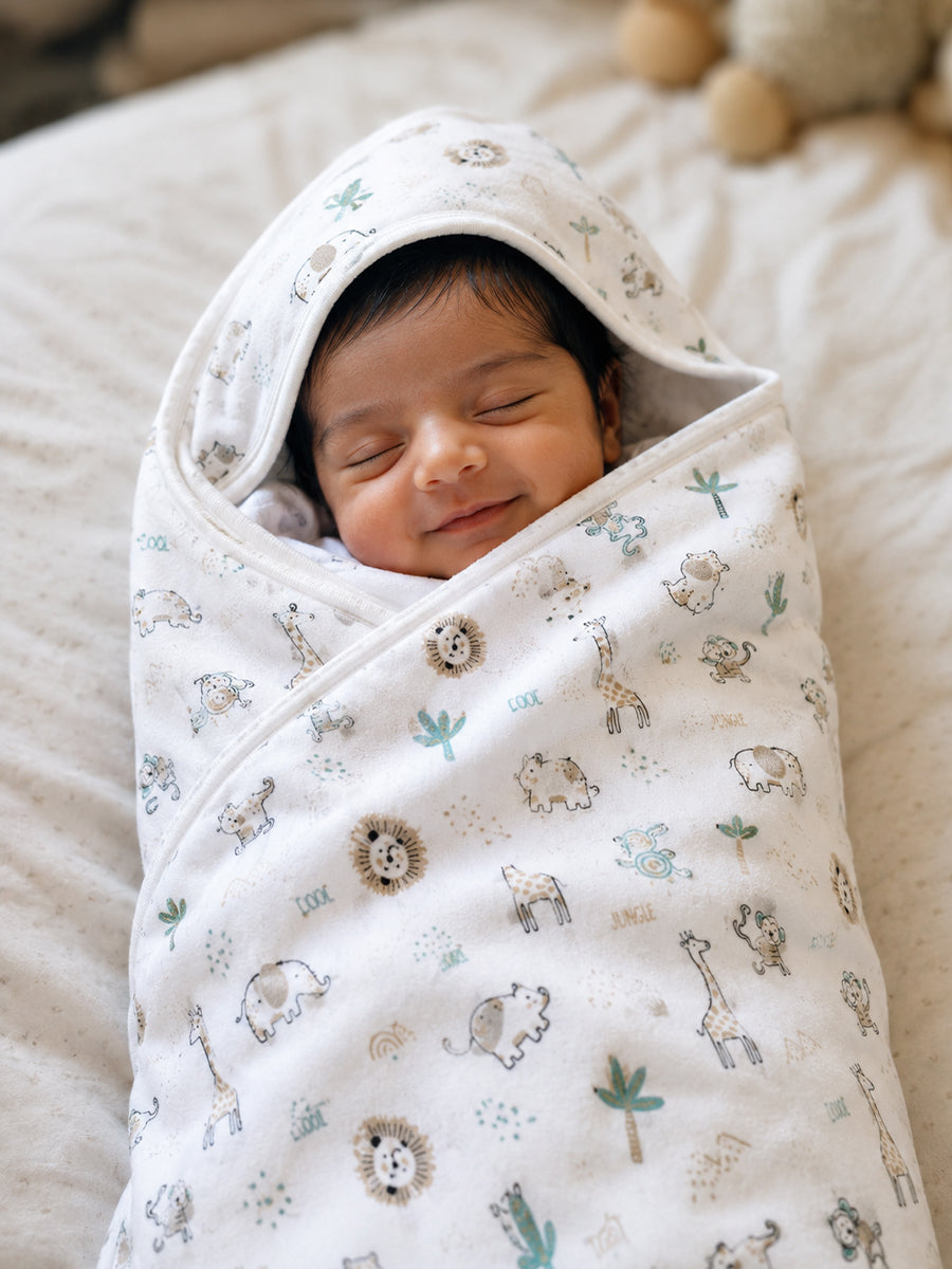 Ziva Baby Hooded Towel – Soft White | Jungle Safari Adventure Print | Soft Knitted Cotton