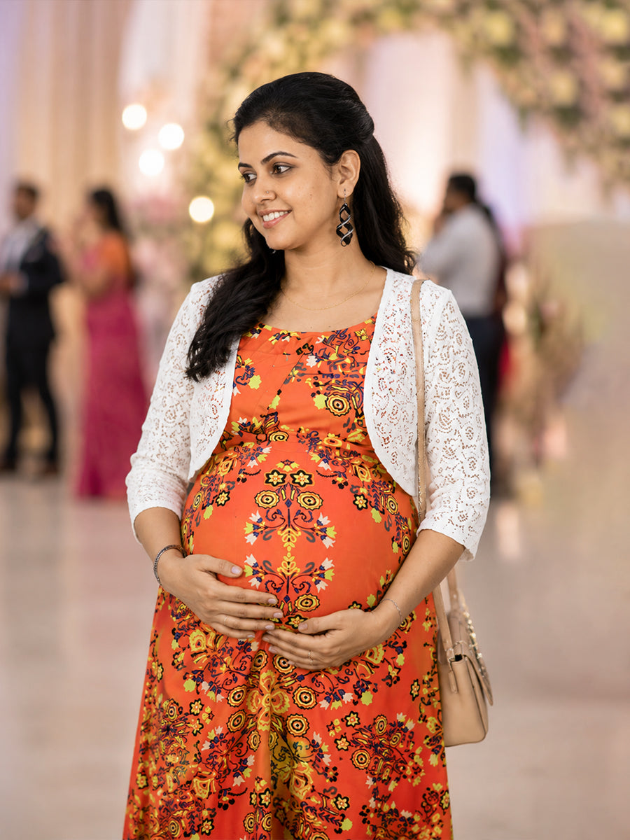 Ziva Maternity & Feeding Rayon Strappy Full Gown with Lace Jacket & Invisible Feeding Zips