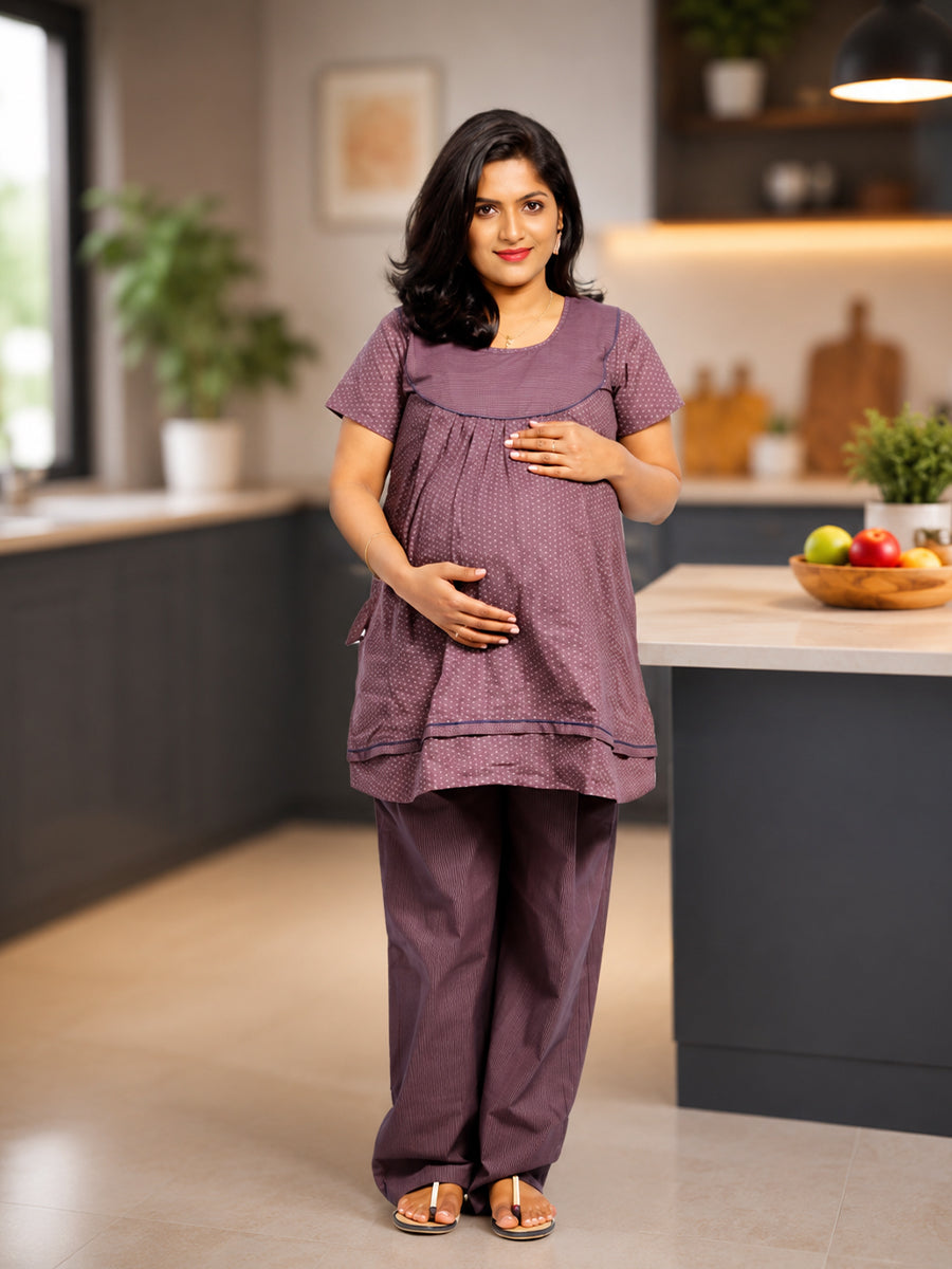Ziva Maternity & Feeding Cotton Pyjama Suit with Invisible Feeding Zips & Adjustable Waist Pant