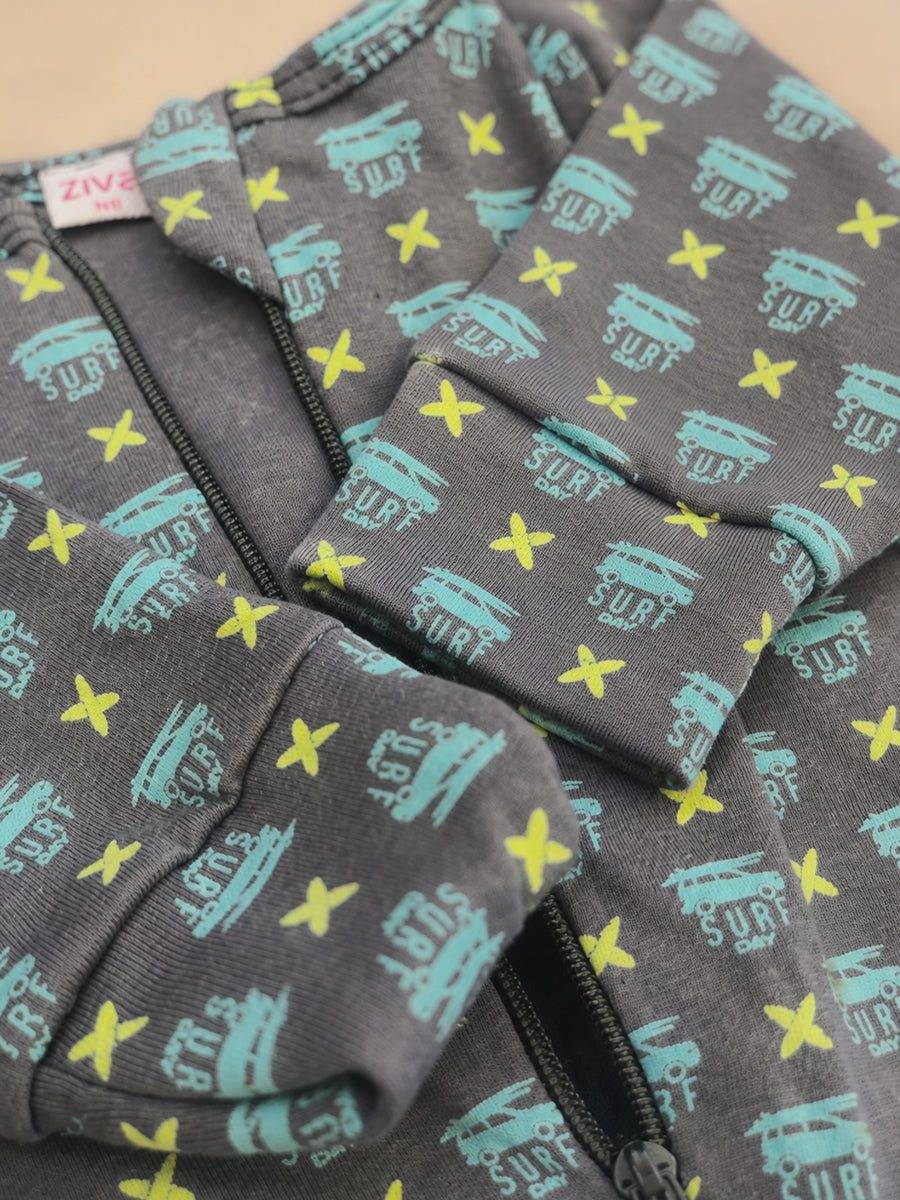 Ziva Knitted Cotton Baby Sleepsuit with Cap – Surf Day Print | Charcoal Grey