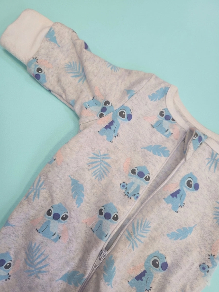 Ziva Knitted Cotton Baby Sleepsuit with Cap – Cartoon Character & Tropical Leaf Print | Heather Grey & Sky Blue