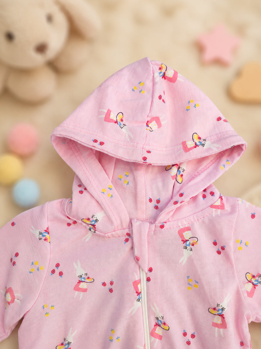 Ziva Hooded Knitted Cotton Baby Sleepsuit – Bunny Girl Print | Baby Pink