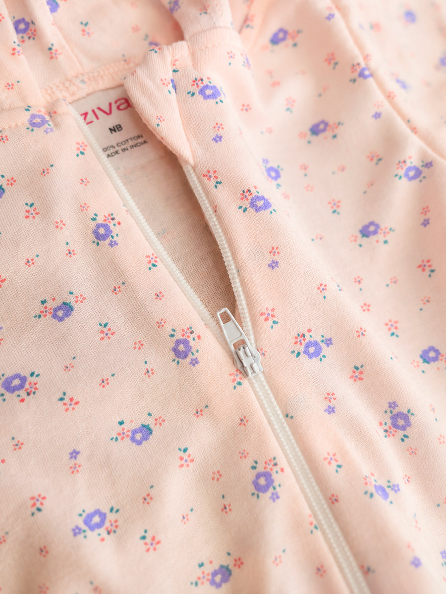 Ziva Hooded Knitted Cotton Baby Sleepsuit  – Tiny Lavender Floral Print | Soft Blush Pink