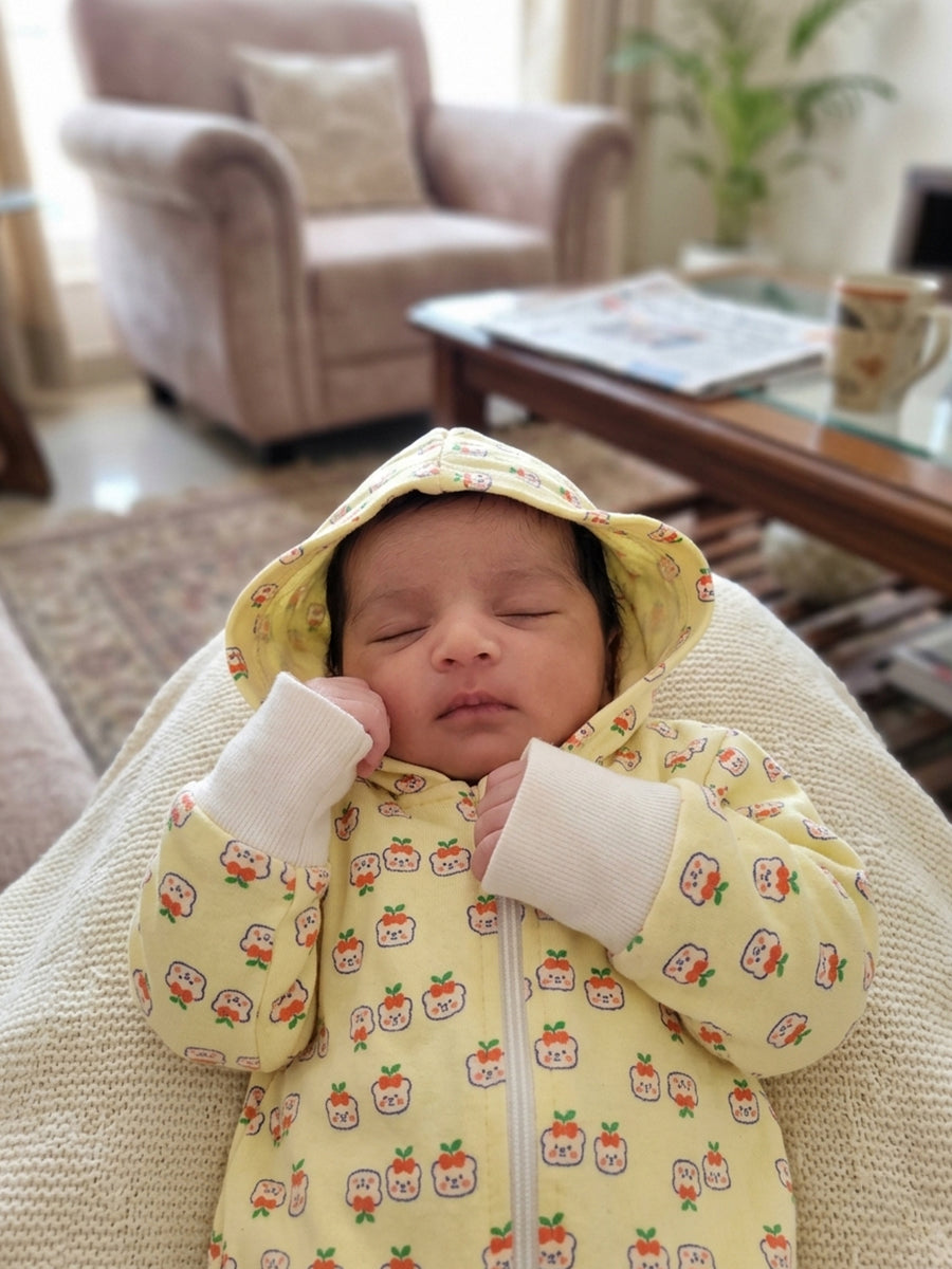 Ziva Hooded Knitted Cotton Sleepsuit – Cherry Bear Print | Buttercream Yellow