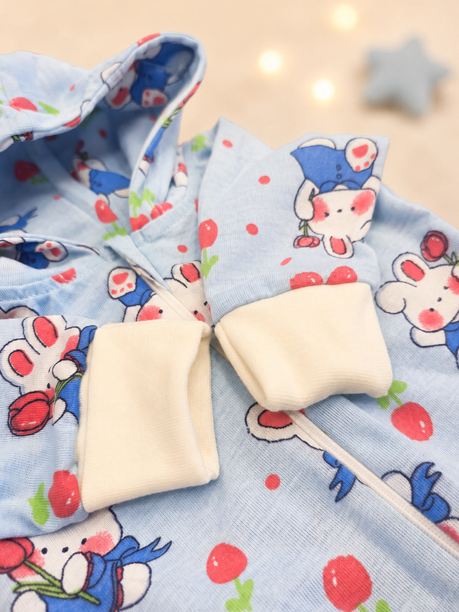 Ziva Hooded Knitted Cotton Baby Sleepsuit  – Bunny & Cherry Friends Print | Baby Blue