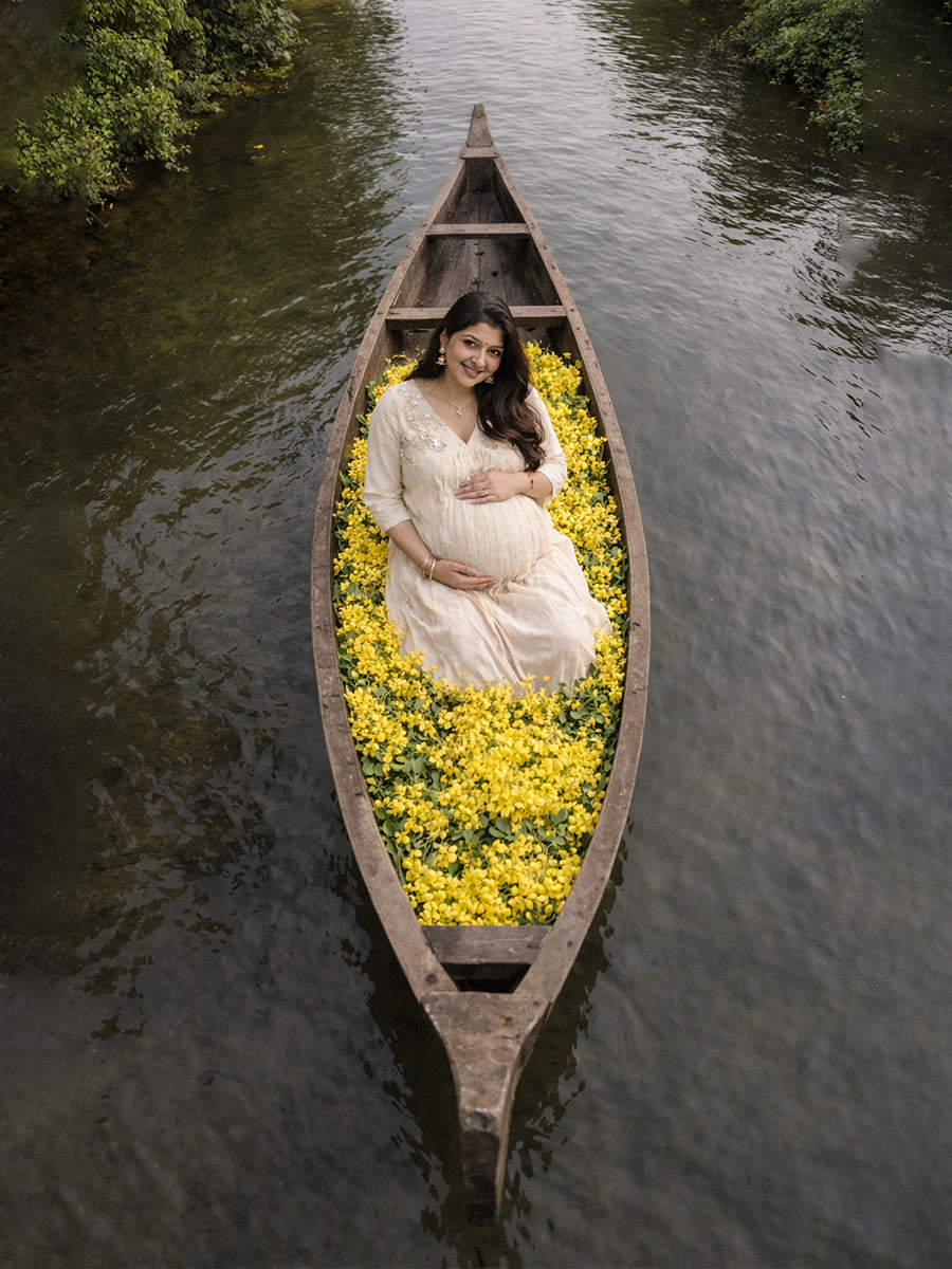 Ziva Maternity & Feeding Cotton Midi Dress with Concealed Zip – Off-White Gold Polka Vishu & Festive Collection