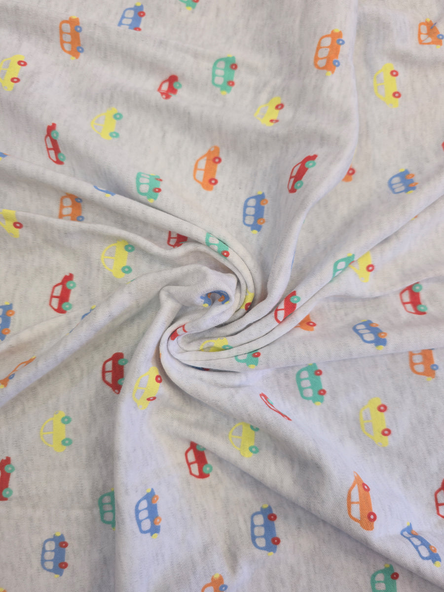 Ziva Baby Hooded Towel – Heather Grey | Tiny Multicolor Car Print | Knitted Cotton