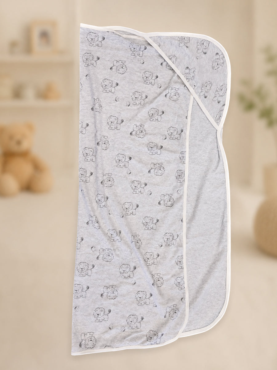 Ziva Baby Hood Towel – Grey Melange | Baby Lion Print | Knitted Cotton