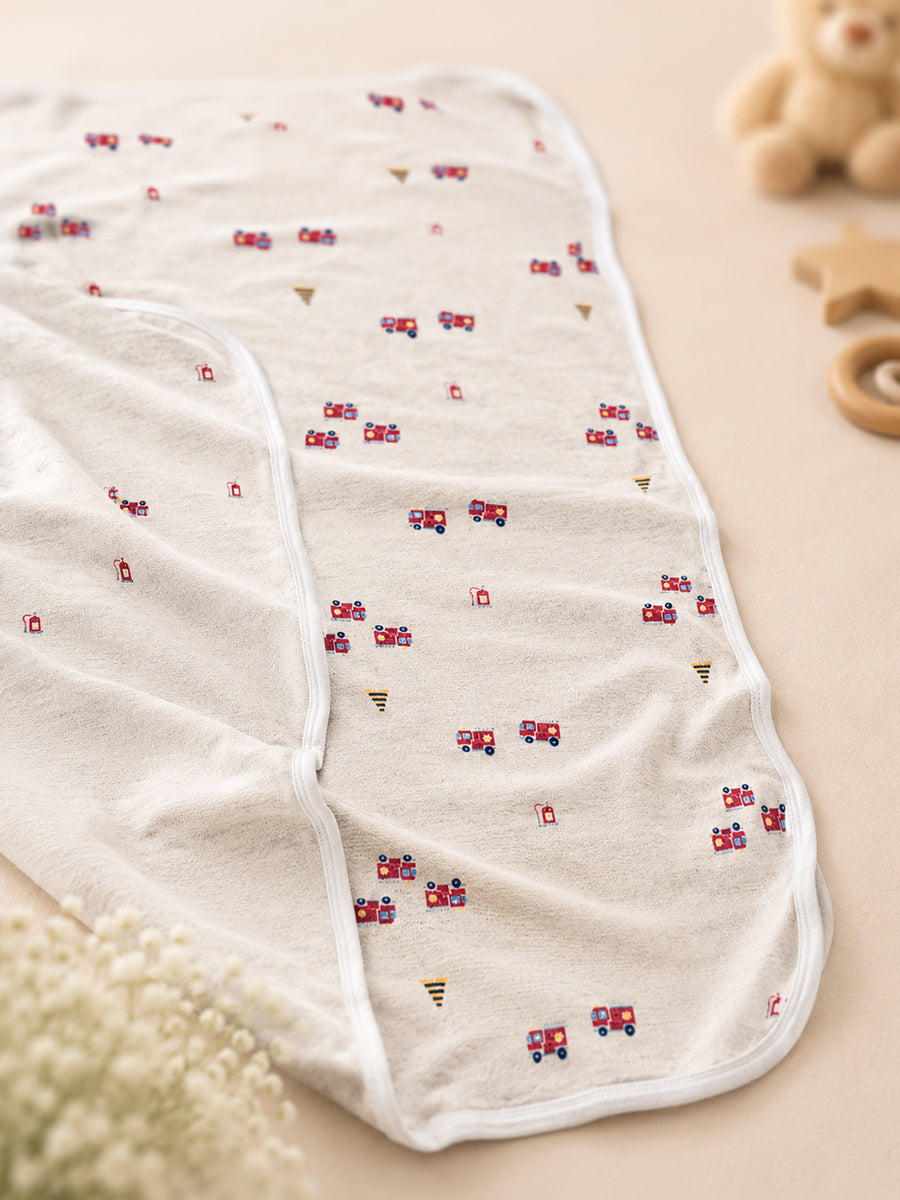 Ziva Baby Blanket – Heather Grey | Tiny Fire Truck & Road Safety Print | Knitted Cotton