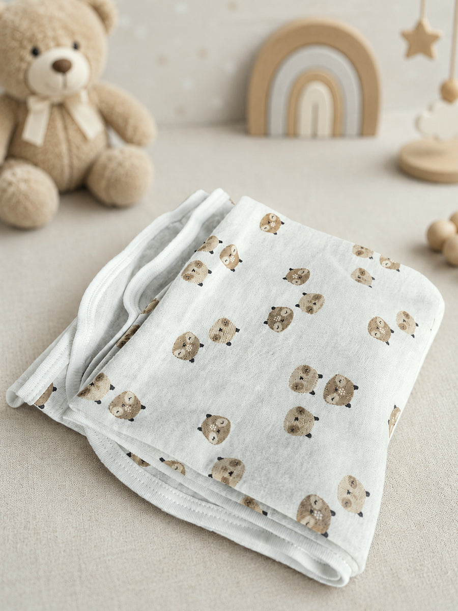 Ziva Baby Blanket – Grey Melange | Tiny Teddy Bear Print | Knitted Cotton