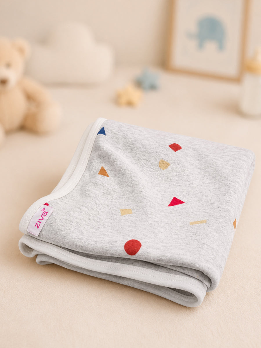 Ziva Baby Blanket – Grey Melange | Tiny Confetti Shapes Print | Knitted Cotton