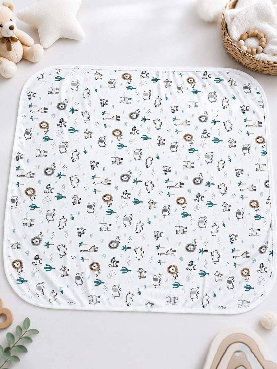 Ziva Baby Blanket – White | Tiny Safari Parade Print | Knitted Cotton