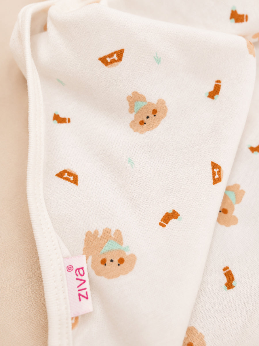 Ziva Baby Blanket – Soft Off White | Tiny Teddy Treat Print | 100% Knitted Cotton