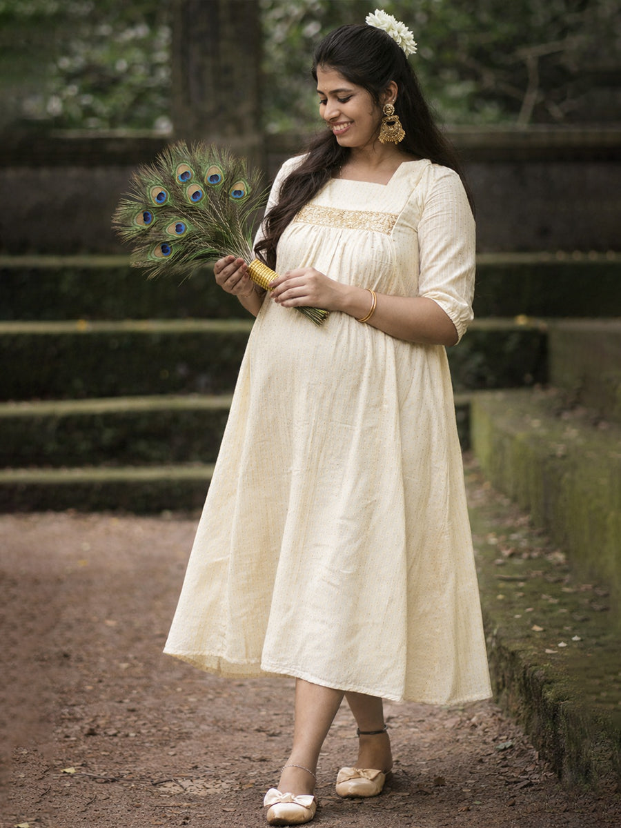 Ziva Maternity & Feeding Cotton Midi Dress with Embroidered Lace Yoke & Concealed Zip – Light Cream Gold Line Vishu & Festive Collection