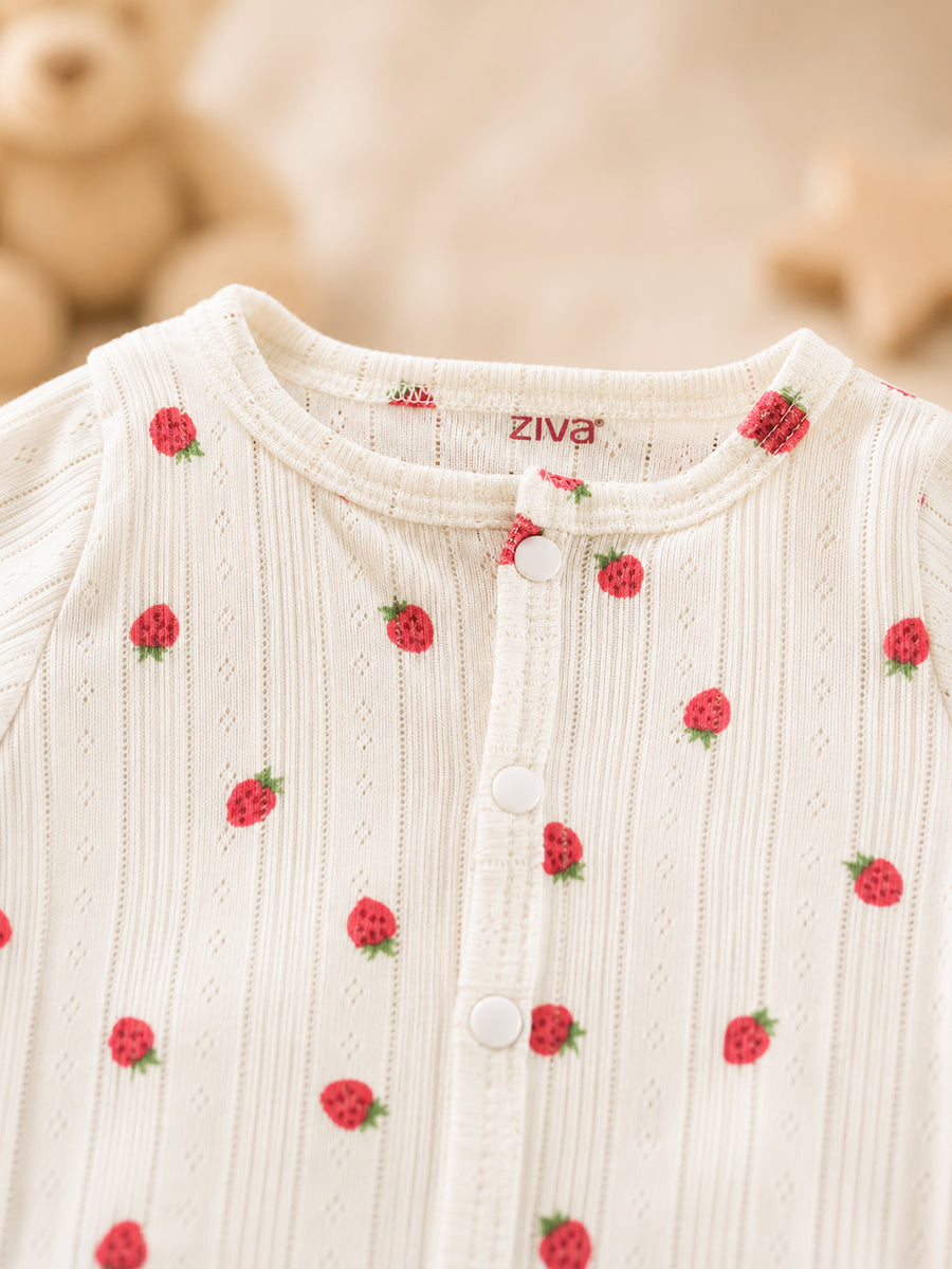 Ziva Baby Jumpsuit – Warm Cream | Tiny Strawberry Pointelle Print | Knitted Cotton Pointelle | Front Open Snap Button