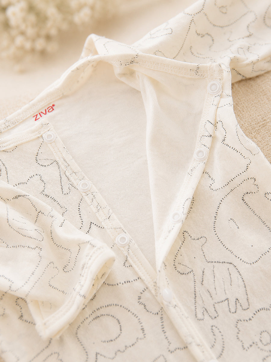 Ziva Baby Jumpsuit – Light Cream | Safari Animal Outline Print | Knitted Cotton | Front Open Snap Button