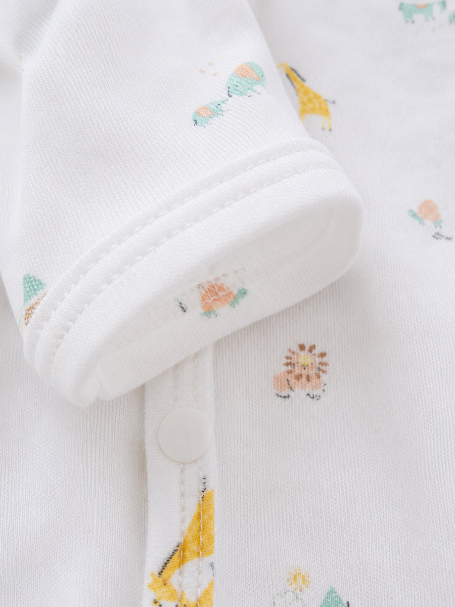 Ziva Baby Jumpsuit – White | Safari Mini Adventure Print | Knitted Cotton | Front Open Snap Button