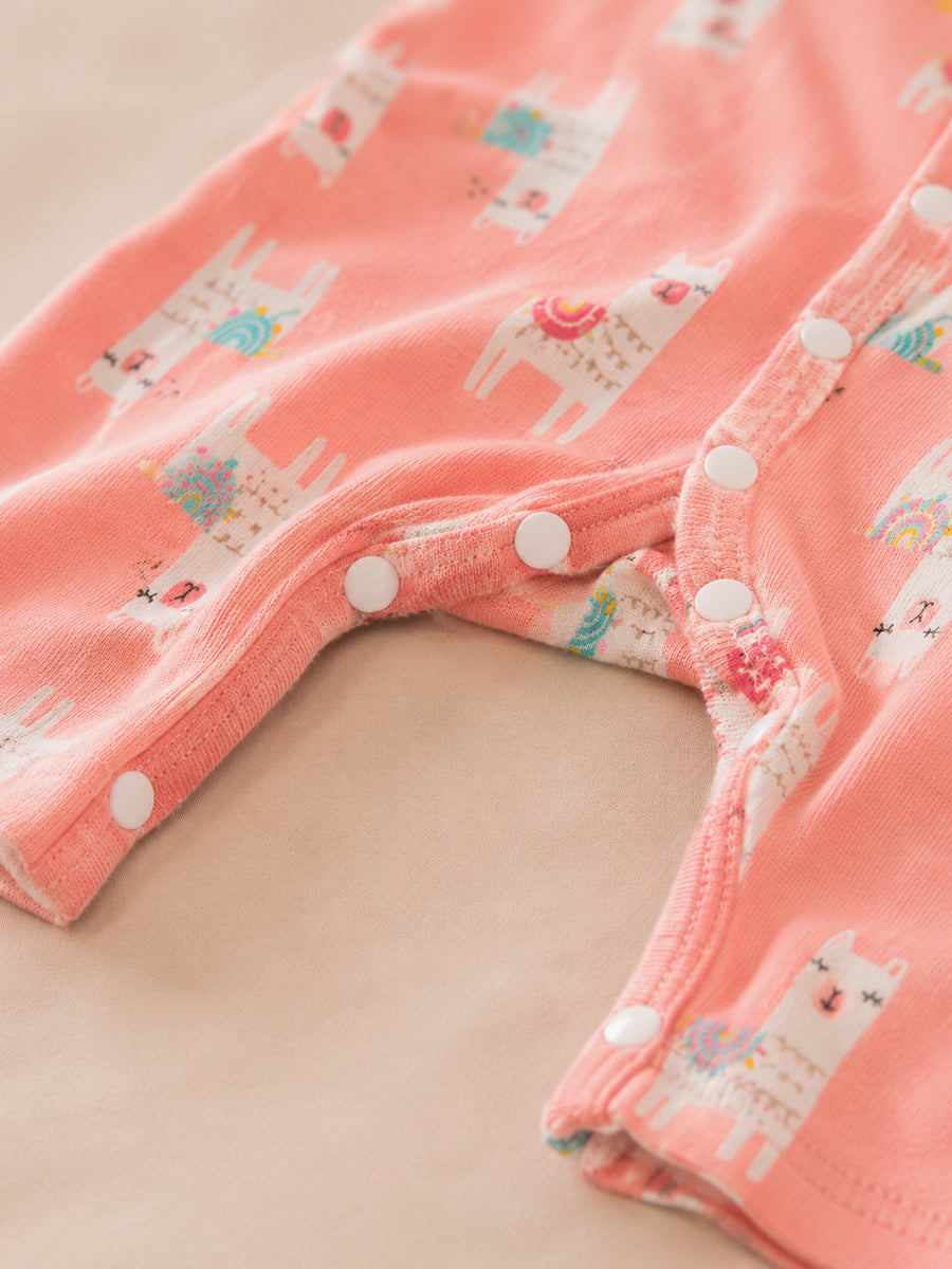 Ziva Baby Jumpsuit – Soft Peach Pink | Pastel Llama Parade Print | Knitted Cotton | Front Open Snap Button
