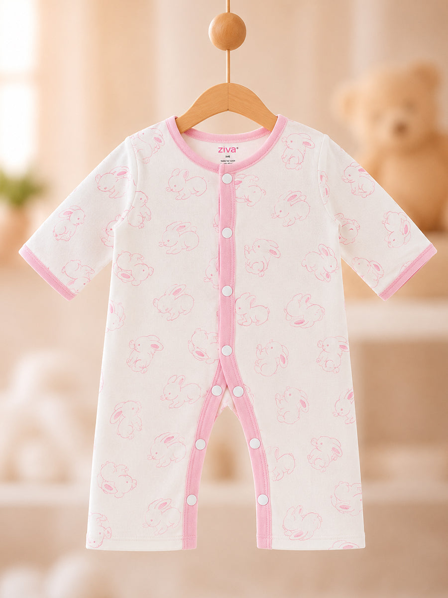 Ziva Baby Jumpsuit – Off White | Tiny Bunny Sketch Print | Premium Knitted Cotton | Front Open Snap Button