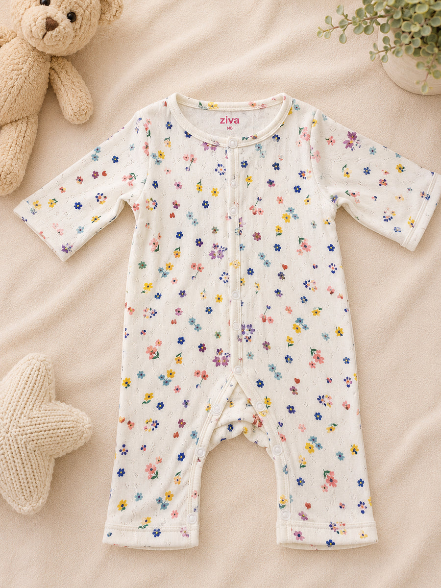 Ziva Baby Jumpsuit – Off White | Tiny Garden Hearts & Flowers Print | Premium Needle-Hole Knitted Cotton | Front Open Snap Button