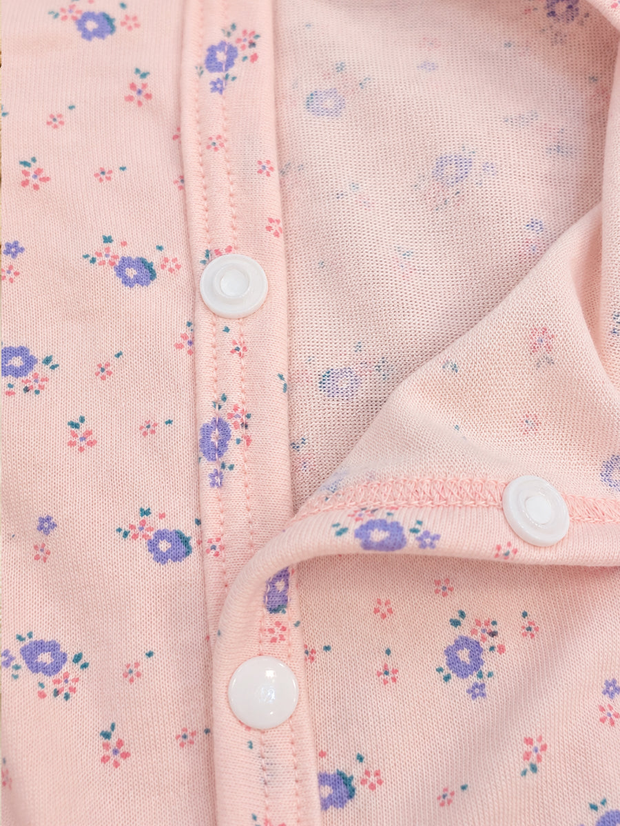 Ziva Baby Jumpsuit – Baby Rose Pink | Tiny Floral Blossom Print | Knitted Cotton | Front Open Snap Button