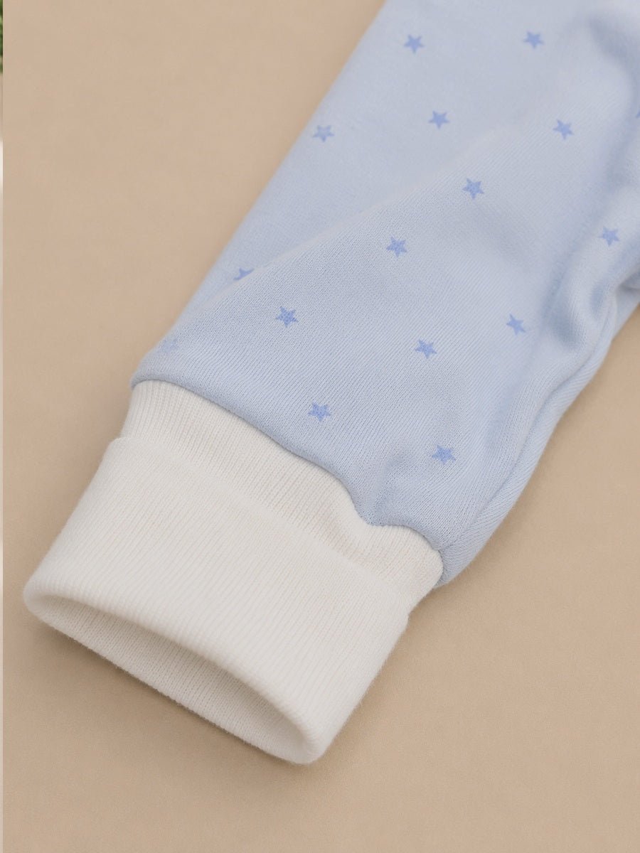 Ziva Baby Sleepsuit with Cap – Knitted Cotton Front Zip, Fold-Over Mittens & Integrated Booties | Baby Blue | Tiny Blue Stars Print