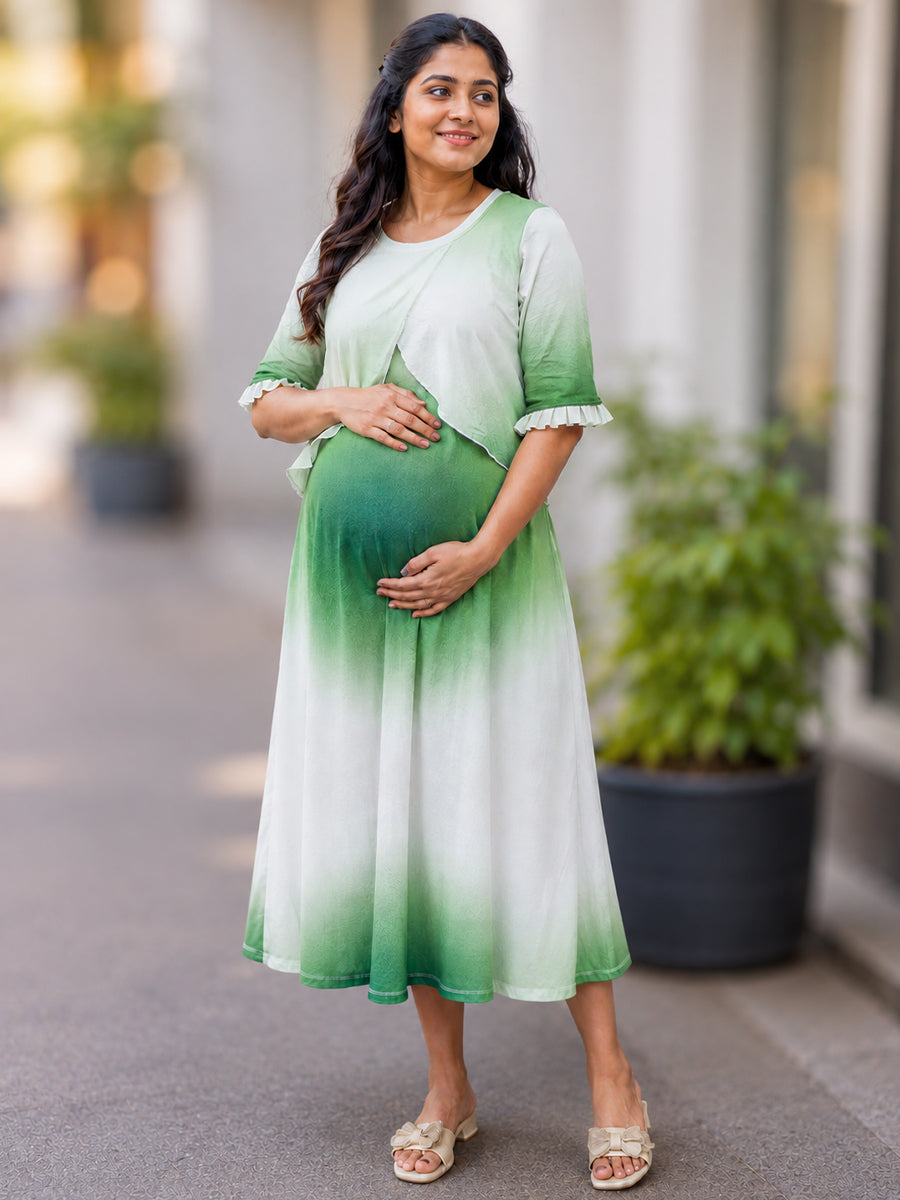 Ziva Maternity & Feeding Knitted Cotton Maxi Dress with Zipless Feeding Access & Pocket – Green Ombre Tie-Dye
