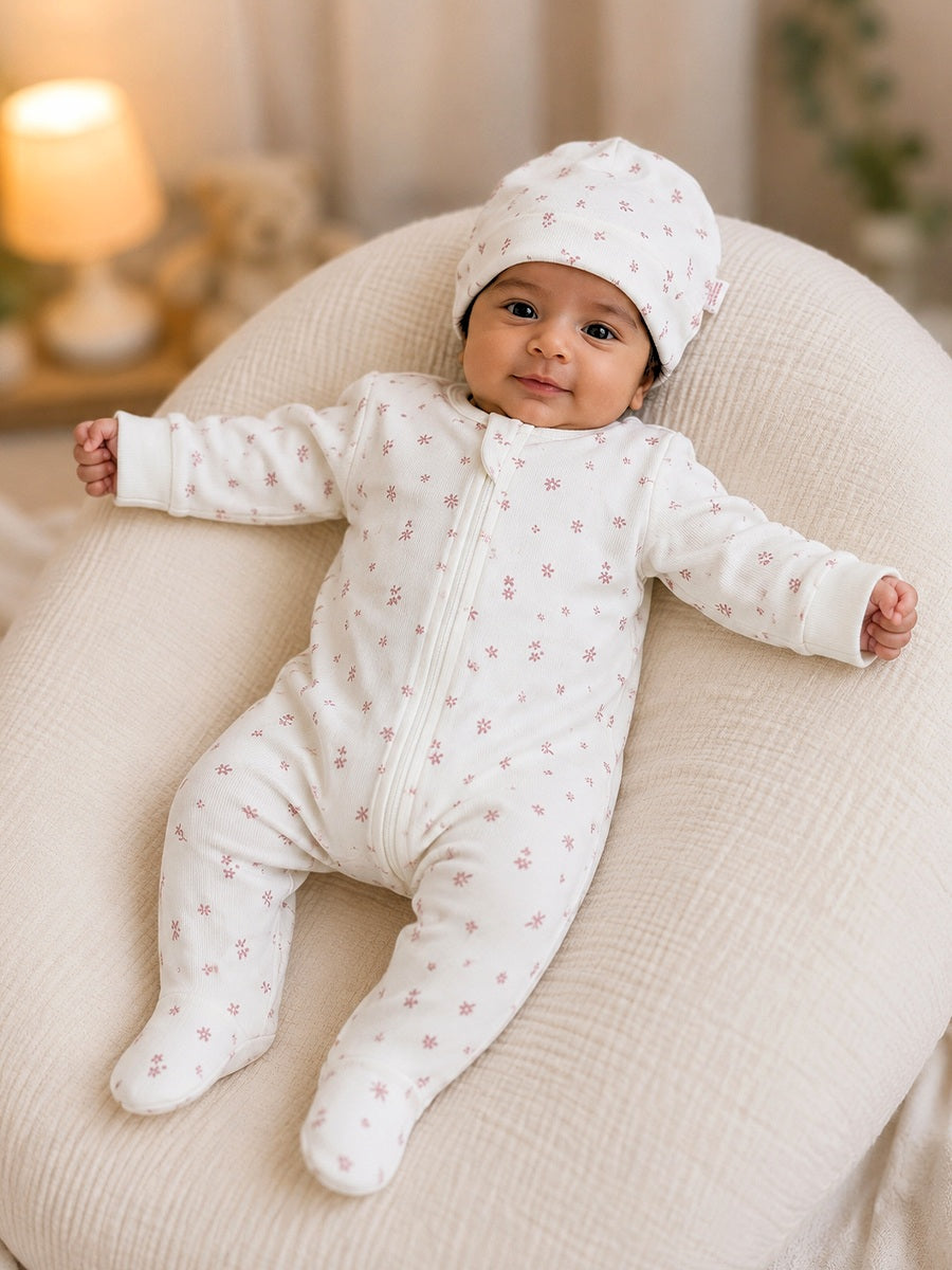 Ziva Baby Sleepsuit with Cap – Knitted Cotton Front Zip, Fold-Over Mittens & Integrated Booties | Sweet Meadow Floral Print