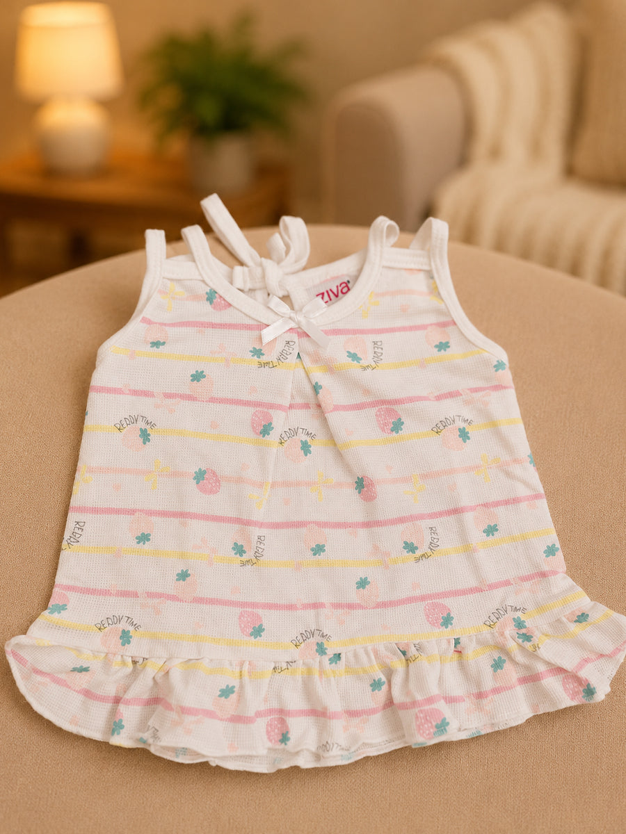 Ziva Premium Knitted Cotton Baby Frock – Breathable Mesh Fabric with Adjustable Shoulder Tie | Assorted Prints | 3 Pieces