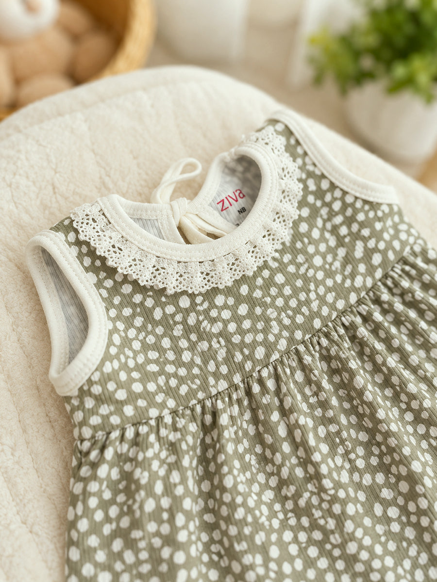 Ziva Knitted Cotton Baby Frock with Pantie Set | Lace Neck Detail & Adjustable Back Tie | Snowflake Dot Print