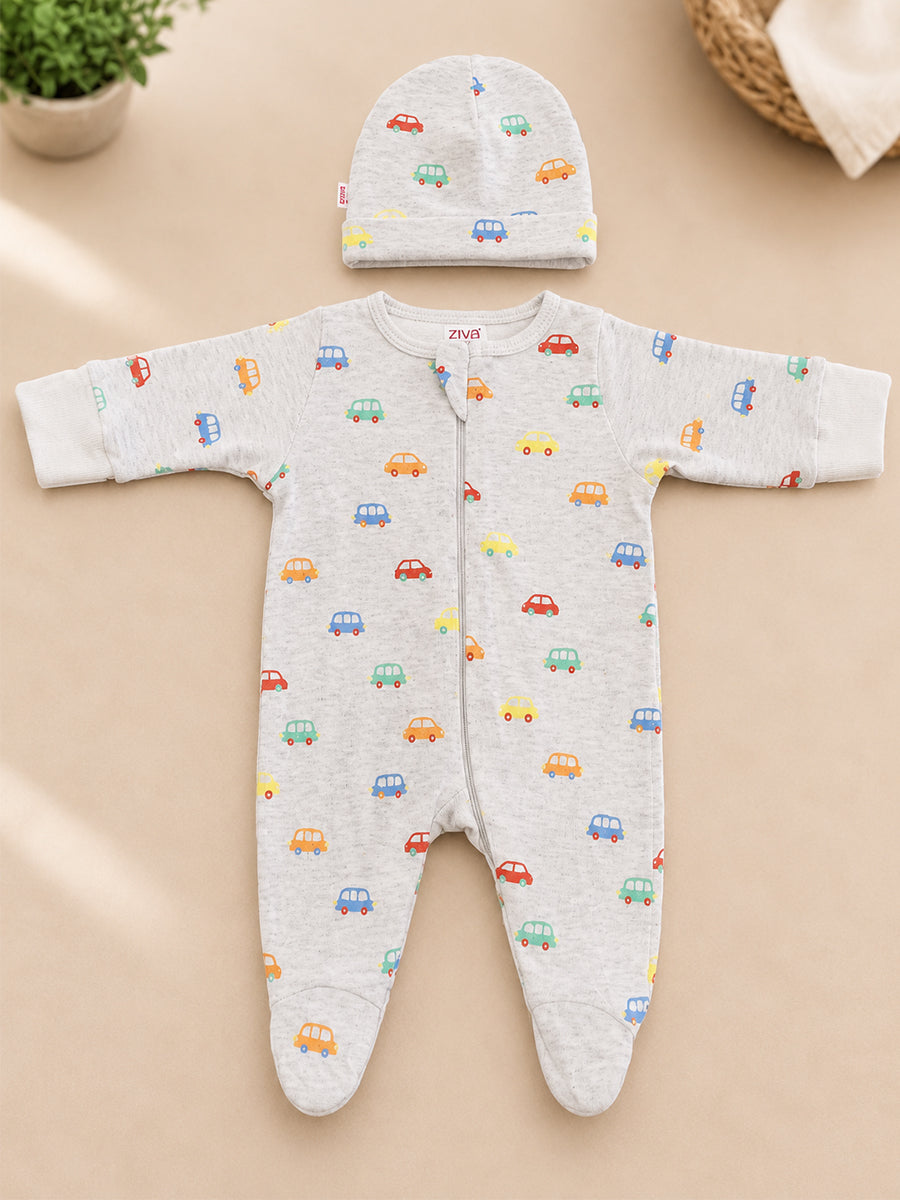 Ziva Baby Sleepsuit with Cap – Knitted Cotton Front Zip, Fold-Over Mittens & Integrated Booties | Soft Heather Grey | Happy Little Cars Print