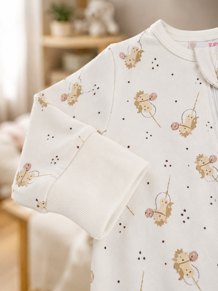 Ziva Baby Sleepsuit with Cap – Knitted Cotton Front Zip, Fold-Over Mittens & Integrated Booties | Soft Off White | Little Monkey Print
