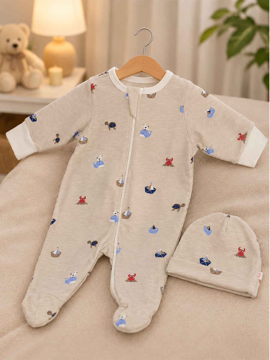 Ziva Baby Sleepsuit with Cap – Knitted Cotton Front Zip, Fold-Over Mittens & Integrated Booties | Warm Ash Grey | Little Ocean Adventure Print