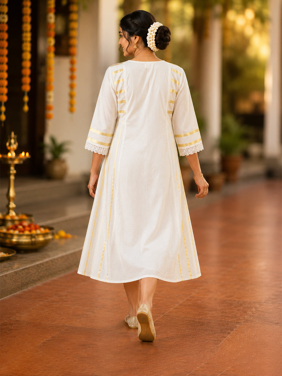 Ziva Onam Maternity & Feeding Dress | Onakodi | Light Cream Handloom Cotton with Gold Stripes | Invisible Feeding Zips & Side Pocket