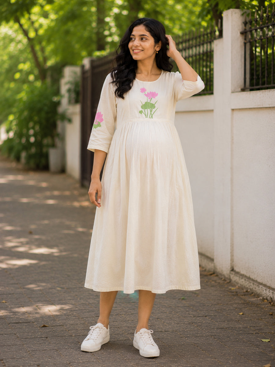 Ziva Onam Maternity & Feeding Dress | Onakodi | Light Cream Lotus Print | Invisible Feeding Zips & Side Pocket