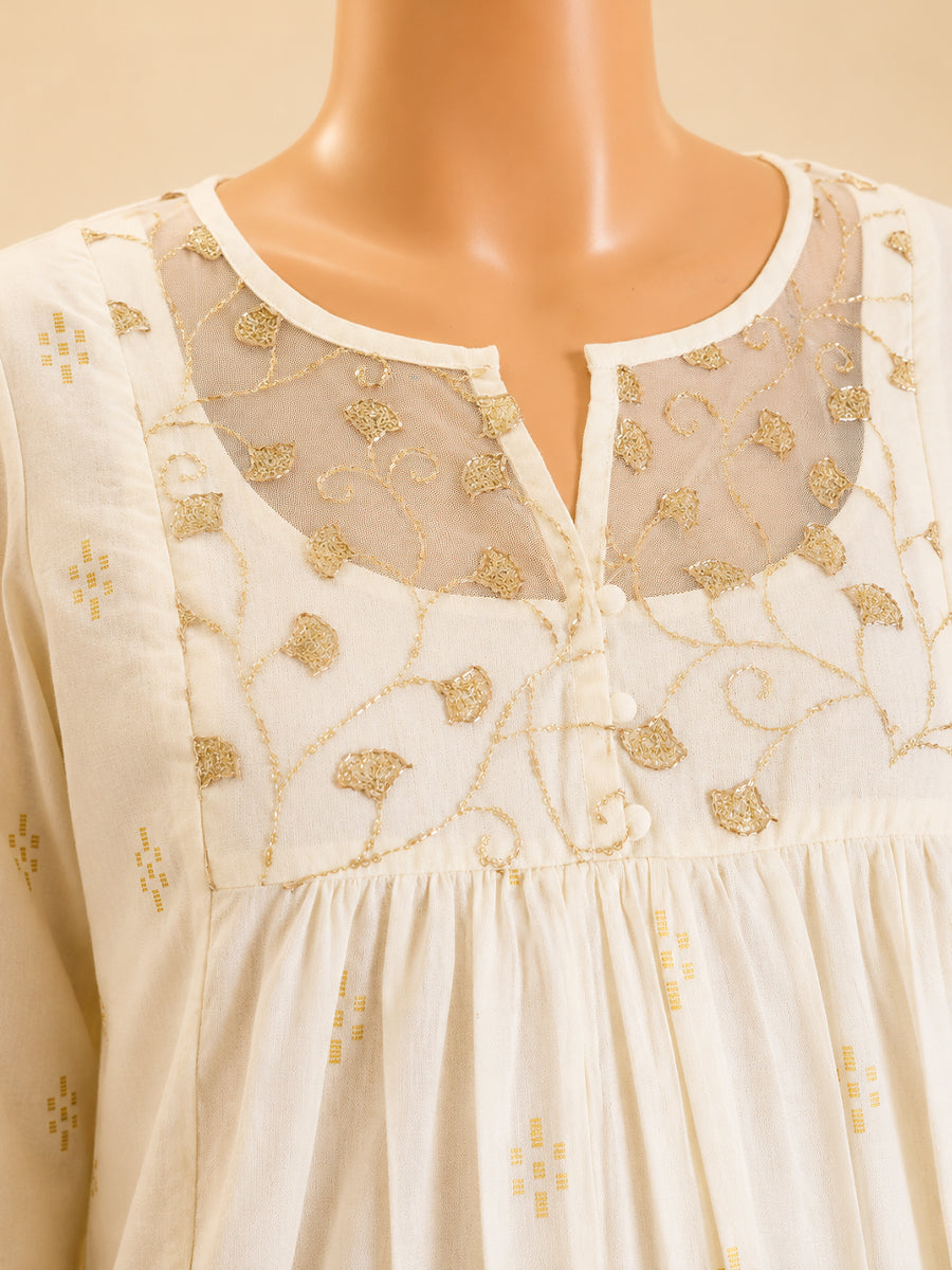 Ziva Onam Maternity & Feeding Dress | Onakodi | Light Cream Handloom Cotton with Designer Net Yoke | Invisible Feeding Zips & Side Pocket