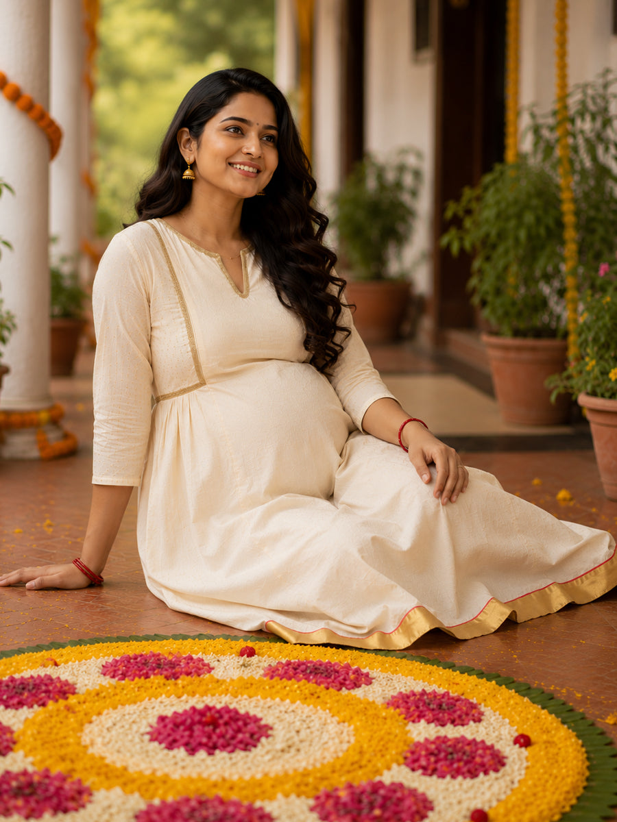 Ziva Onam Maternity & Feeding Dress | Onakodi | Light Cream Cotton with Festive Gold & Red Border | Invisible Feeding Zips & Side Pocket