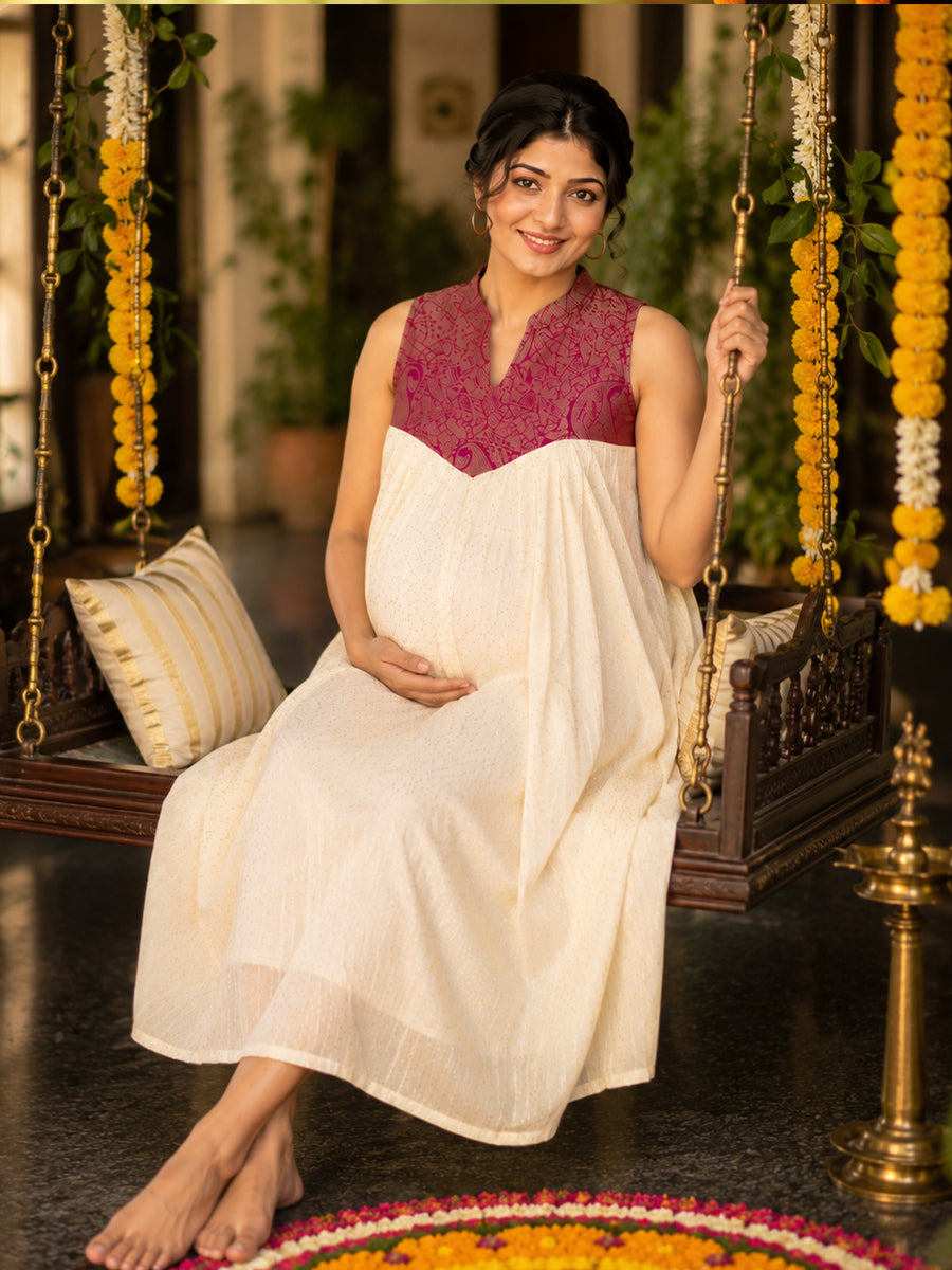 Ziva Onam Maternity & Feeding Sleeveless Dress | Onakodi | Light Cream Handloom Cotton with Burgundy Banarasi Yoke | Hidden Feeding Zips & Side Pocket