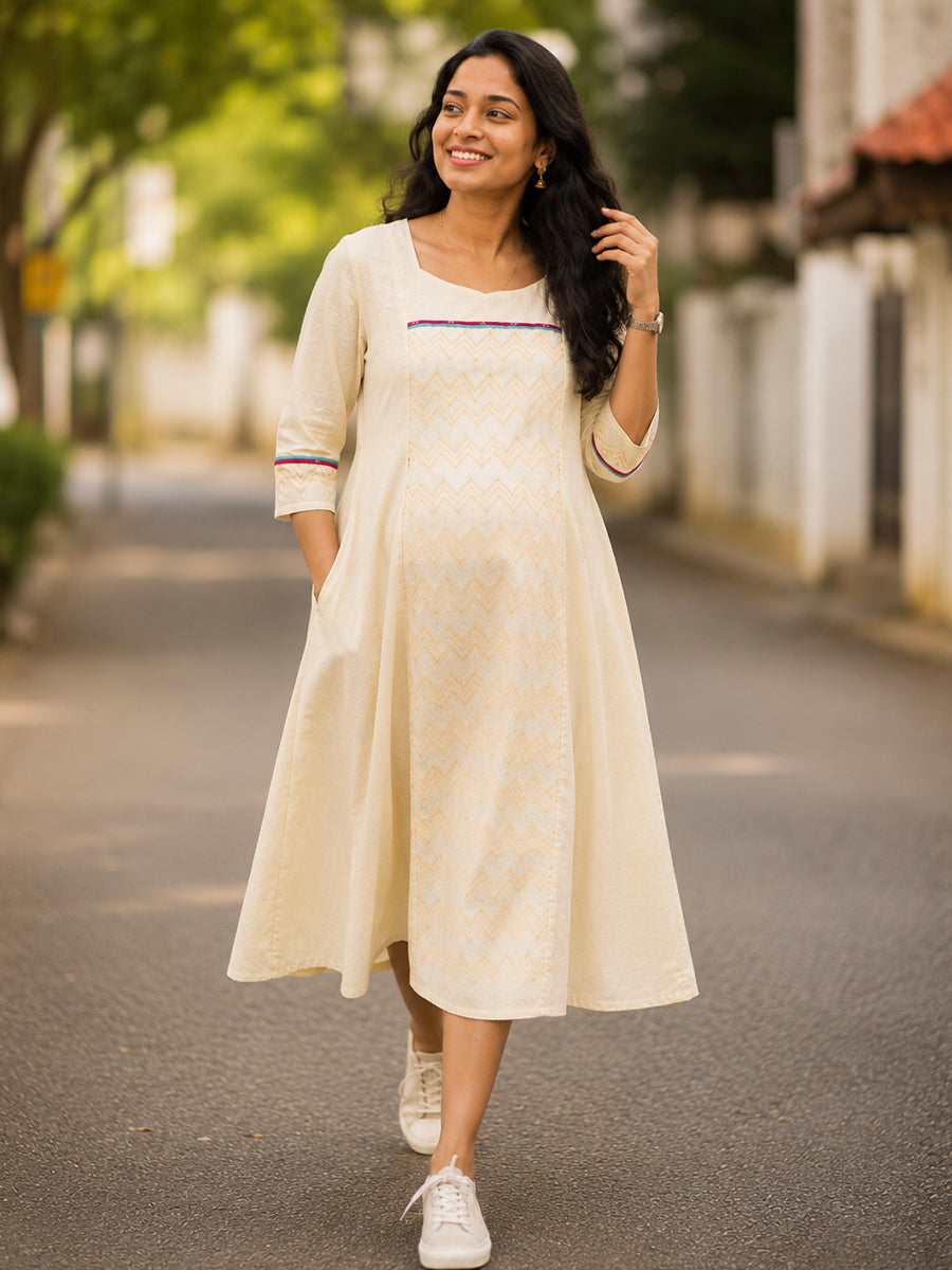 Ziva Onam Maternity & Feeding Dress | Onakodi | Light Cream Cotton | Square Neck | Invisible Feeding Zips & Side Pocket