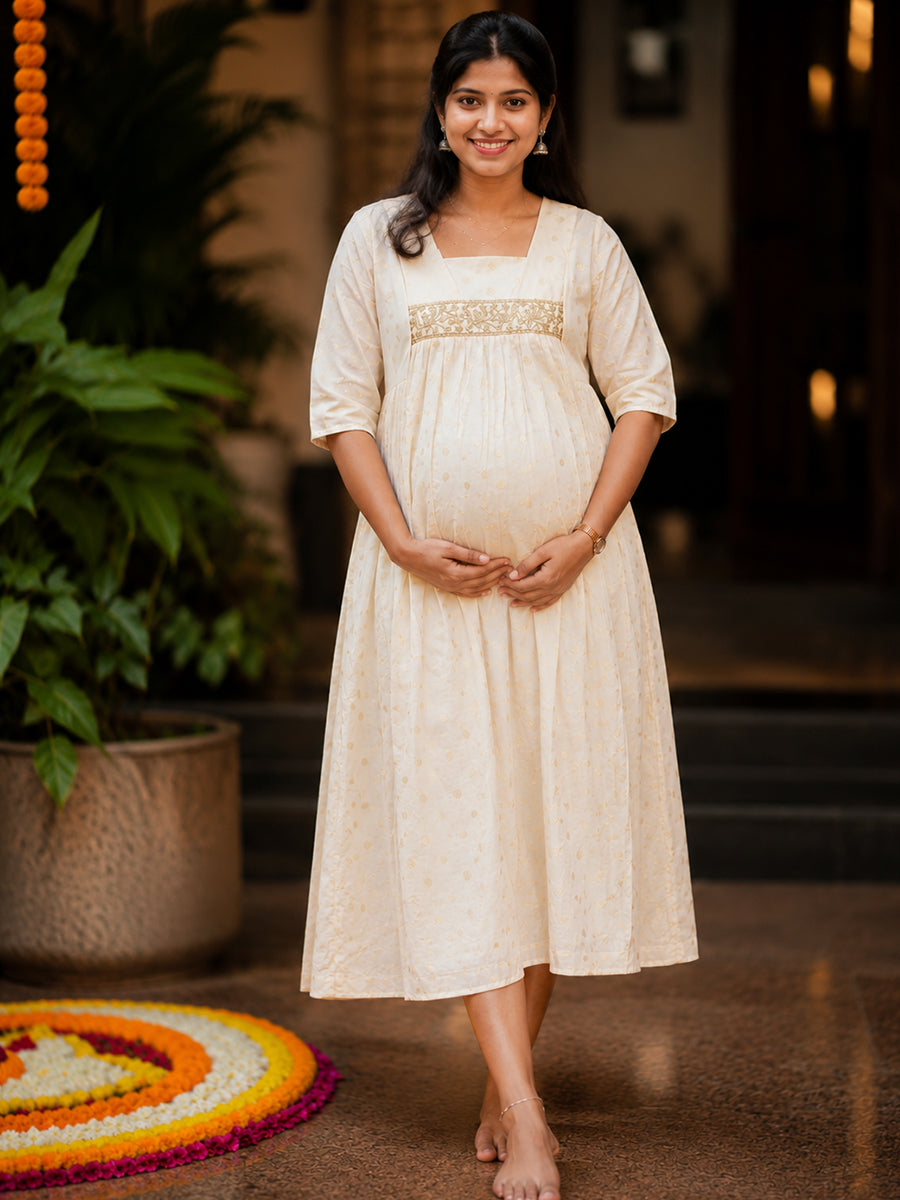 Ziva Onam Maternity & Feeding Dress | Onakodi | Light Cream Gold Butta Textured Cotton | Invisible Feeding Zips & Side Pocket