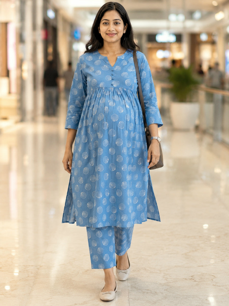 Ziva Maternity & Feeding Cotton Co-ord Set with Side Zips & Pockets – Teal Blue Seashell Print