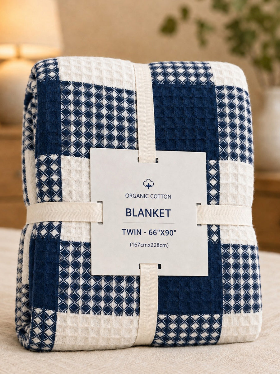 Ziva Premium Organic Cotton Waffle Blanket | Navy Blue & White | Multipurpose Pregnancy to Family Blanket | Soft & Breathable |Size- King, Queen, Twin