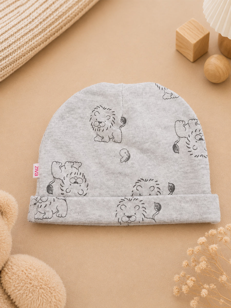 Ziva Baby Cap, Mitten & Bootie Set – Cute Lion Print | Knitted Cotton