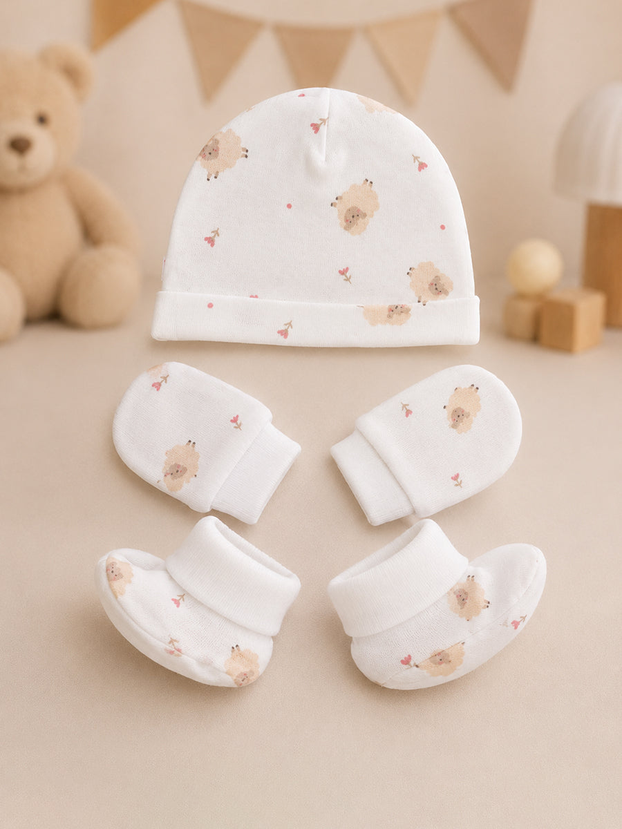 Ziva Baby Cap, Mitten & Bootie Set – Cute Hedgehog Print | Knitted Cotton