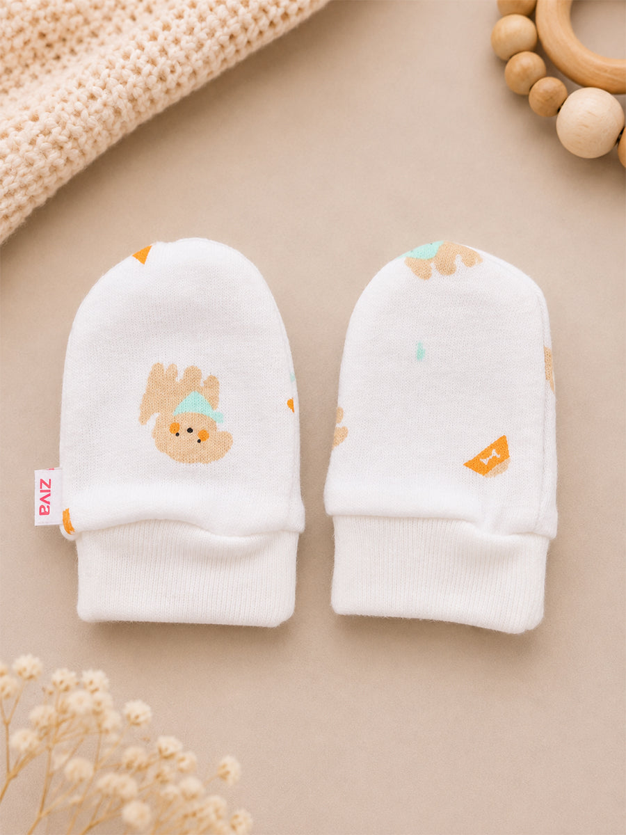Ziva Baby Cap, Mitten & Bootie Set – Cute Teddy Bear Print | Knitted Cotton