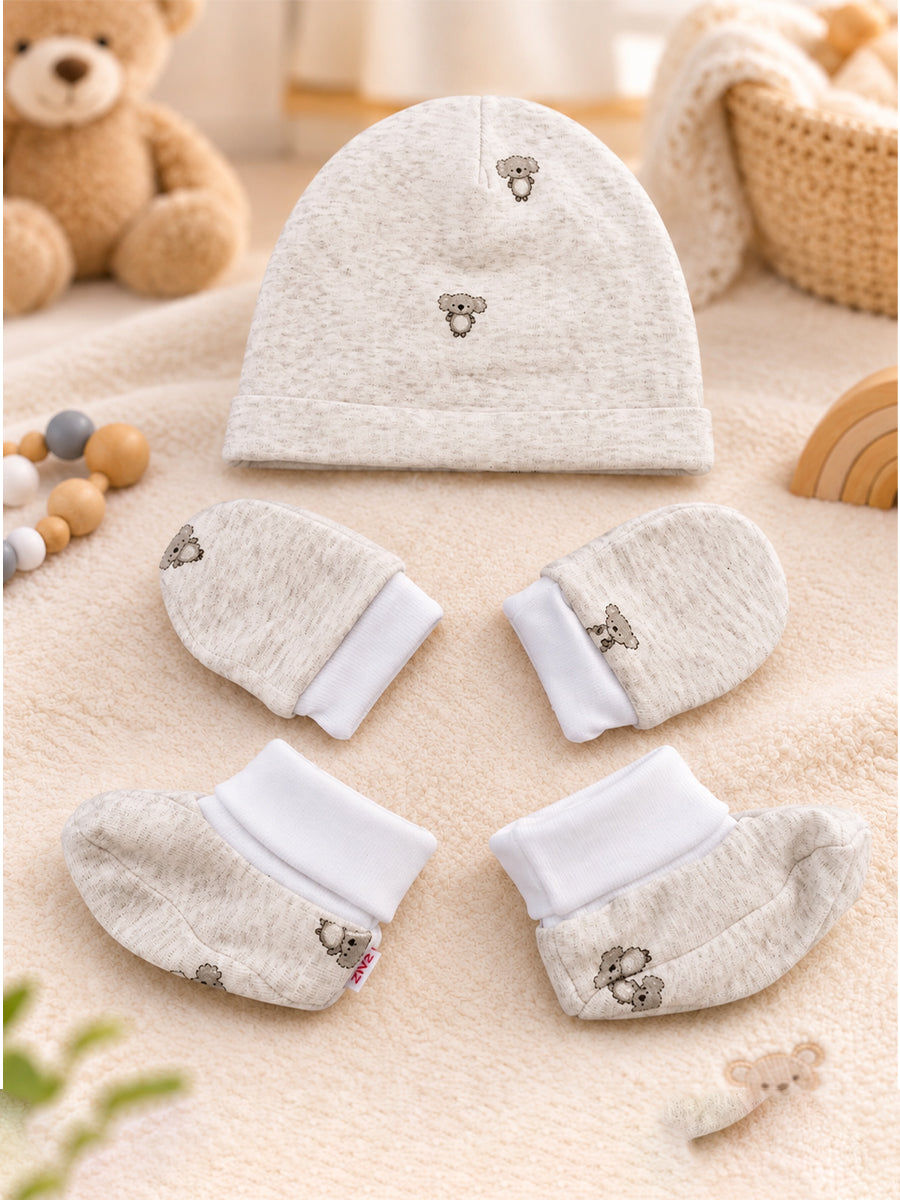 Ziva Baby Cap, Mitten & Bootie Set – Cute Koala Print | Knitted Cotton
